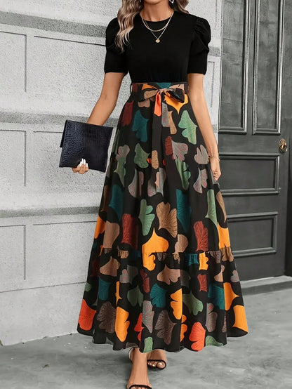 KeKe Bloomly Women's Elegant A-Line Dress With Puff Sleeves, Bow Decor, Color Block Design, Fashion Midi Dress Vacation Black Summer