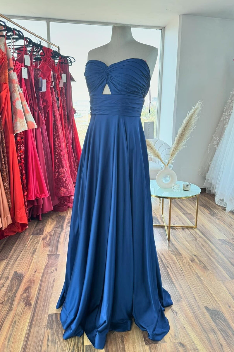 Keyhole Navy Blue Sweetheart A-line Long Formal Dress