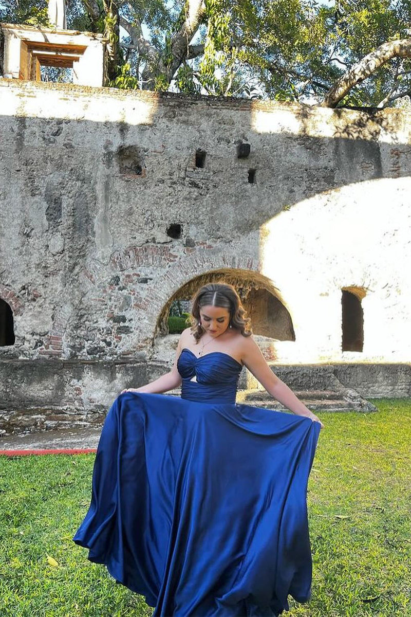Keyhole Navy Blue Sweetheart A-line Long Formal Dress