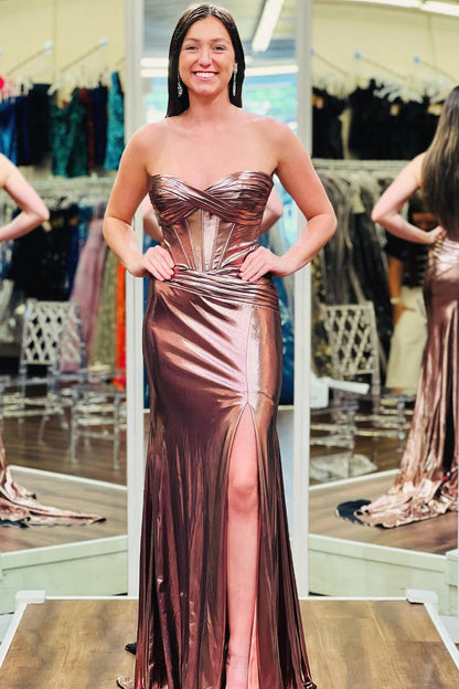 Keyhole Purple Metallic Ruched Long Formal Dress