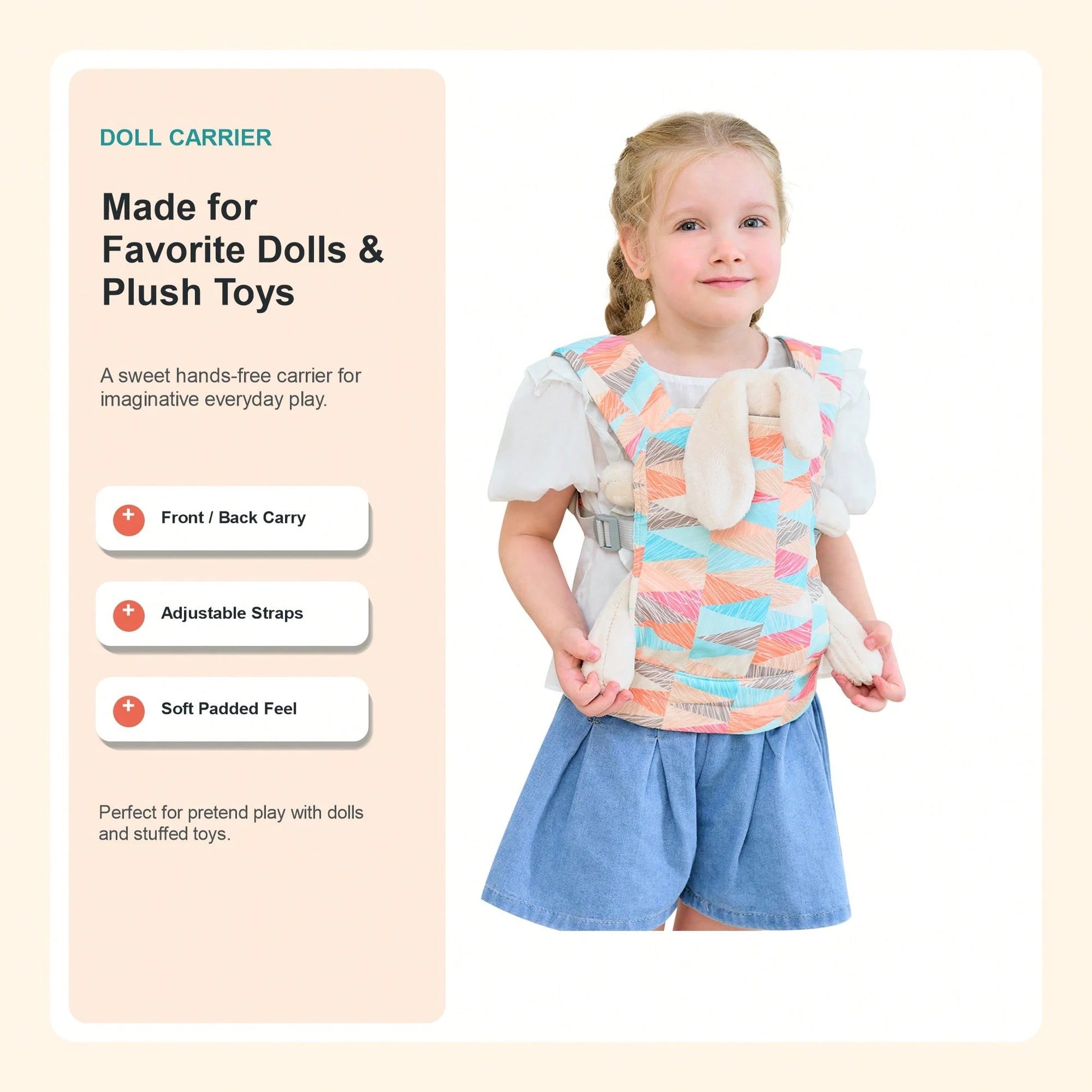 Kids Doll Carrier For Stuffed Animals, Adjustable Pretend Play Front Carrier With Colorful Print