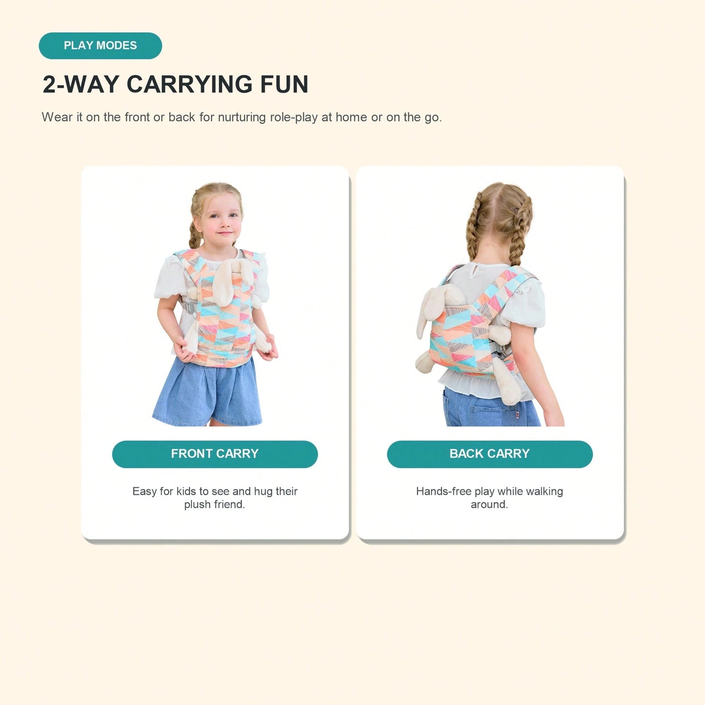 Kids Doll Carrier For Stuffed Animals, Adjustable Pretend Play Front Carrier With Colorful Print