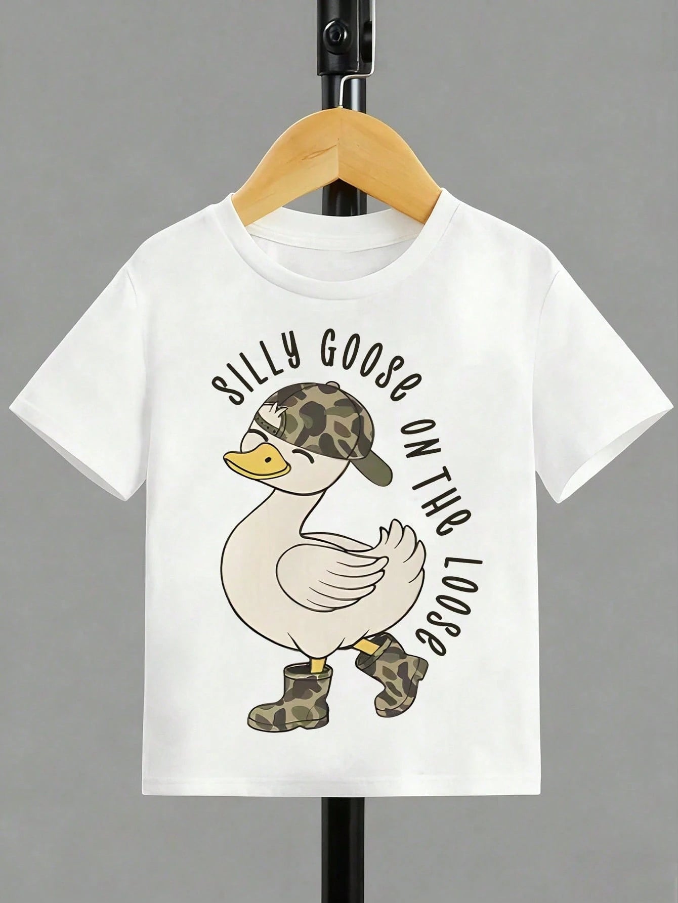 Kids Short Sleeve T-Shirt Silly Goose On The Loose Camo Hat Boots Cartoon Goose Cute Funny Casual Print Soft White Toddler Baby Tee For Boys Girls