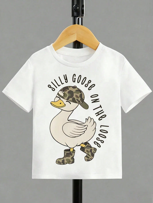 Kids Short Sleeve T-Shirt Silly Goose On The Loose Camo Hat Boots Cartoon Goose Cute Funny Casual Print Soft White Toddler Baby Tee For Boys Girls