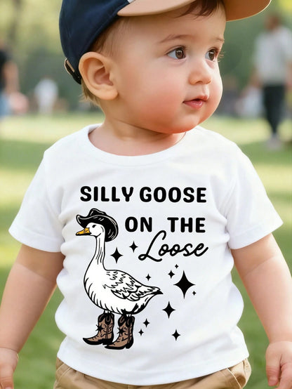 Kids Short Sleeve T-Shirt Silly Goose On The Loose Camo Hat Boots Cartoon Goose Cute Funny Casual Print Soft White Toddler Baby Tee For Boys Girls