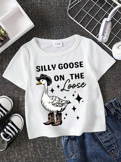 Kids Short Sleeve T-Shirt Silly Goose On The Loose Camo Hat Boots Cartoon Goose Cute Funny Casual Print Soft White Toddler Baby Tee For Boys Girls