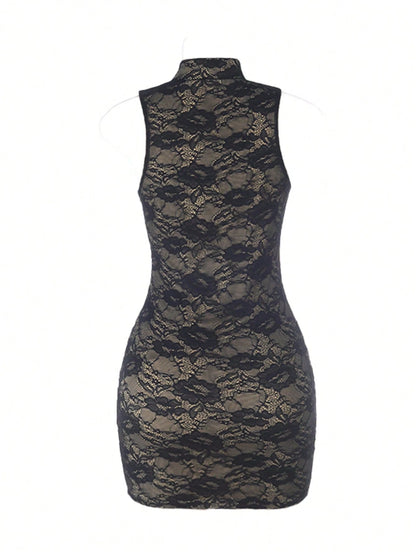 Knitted Fabric Sleeveless Lace Detail Fitted Mini Dress, Fashionable Stand Collar, Suitable For Casual And Party Black Elegant Summer