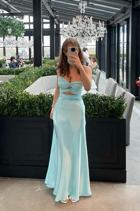 Knot Front Aqua Satin Fitted Long Party Dress