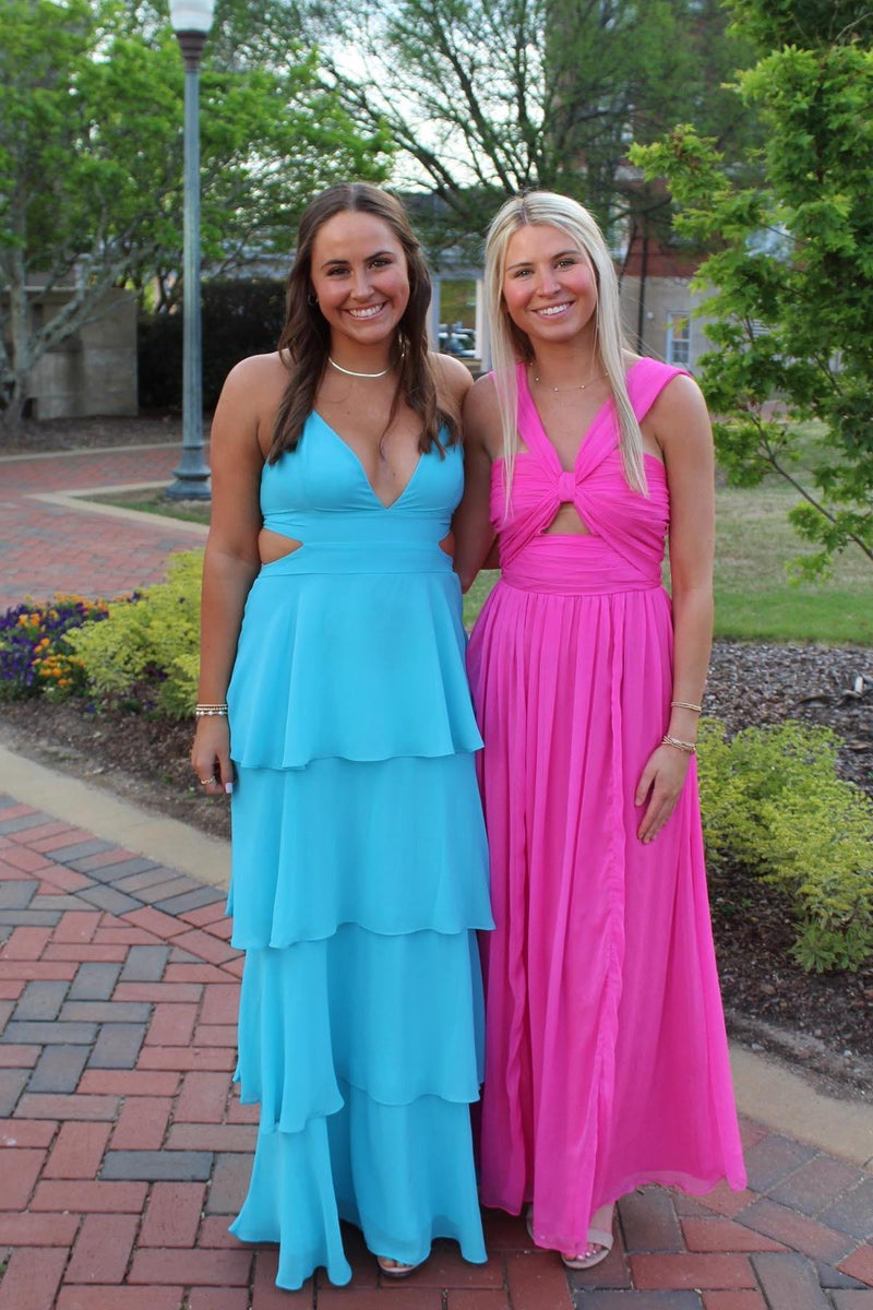Knot Front Hot Pink Chiffon Halter Maxi Dress
