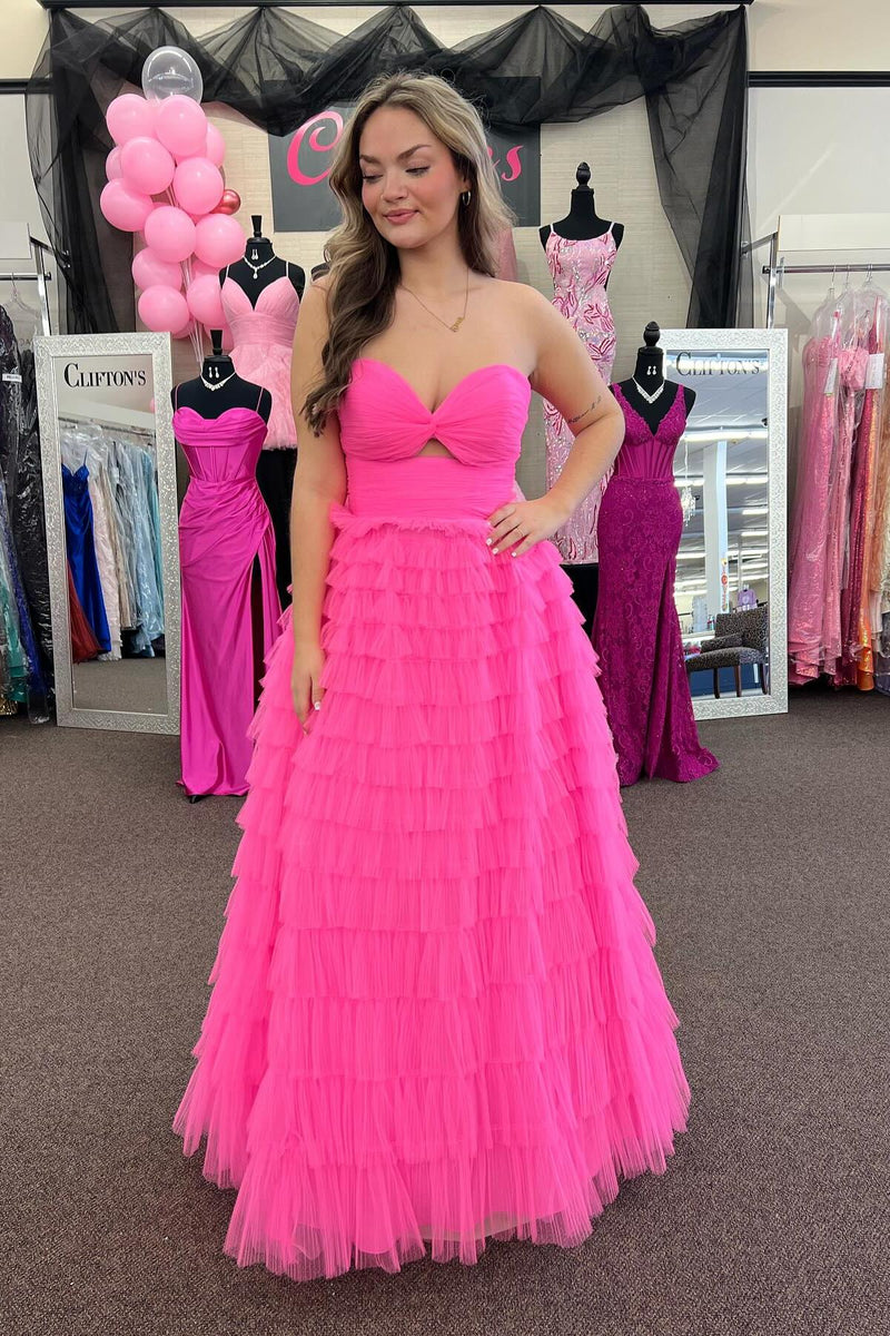 Knotted Hot Pink Tulle Tiered A-line Long Dress