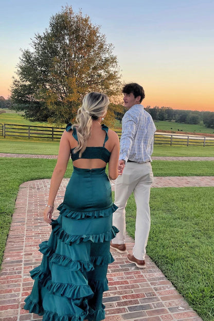 Knotted Sage Ruffles Tiedred Maxi Dress