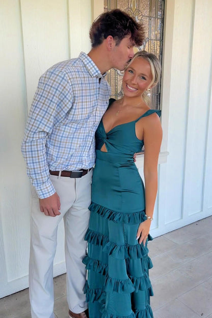 Knotted Sage Ruffles Tiedred Maxi Dress
