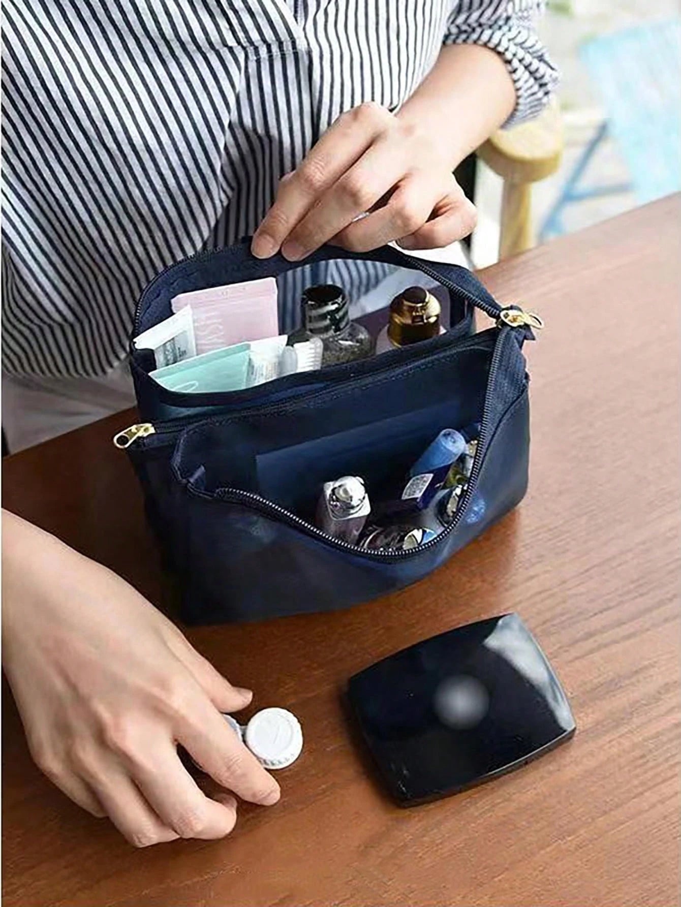 Korean Style Minimalist Transparent Mesh Makeup Bag, Small Portable Large Capacity Storage Pouch For Toiletries And Cosmetics