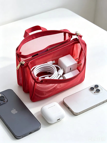 Korean Style Minimalist Transparent Mesh Makeup Bag, Small Portable Large Capacity Storage Pouch For Toiletries And Cosmetics