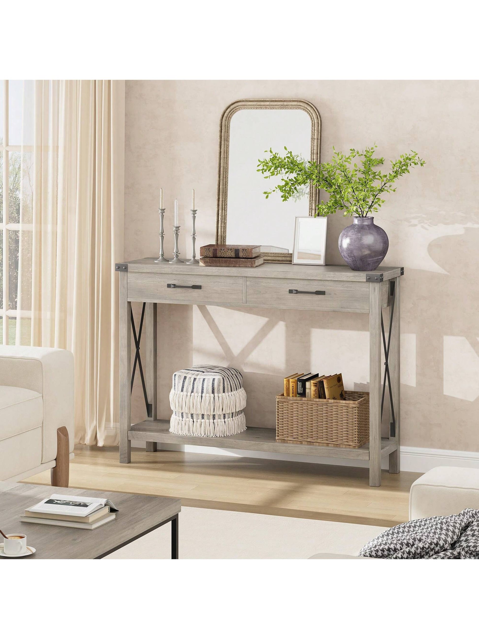KYBOLT Woode Entryway Table, Farmhouse Console Table With 2 Drawers, Sofa Table With Storage For Living Room, Hallway Foyer Table Home Furniture