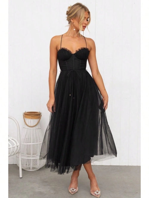 KZKZWK Cami Tulle Midi Dress With Corset Bodice, Sweetheart Neckline, Tie Waist Detail, Flared A-Line Skirt, Bridesmaid & Formal Party Wear