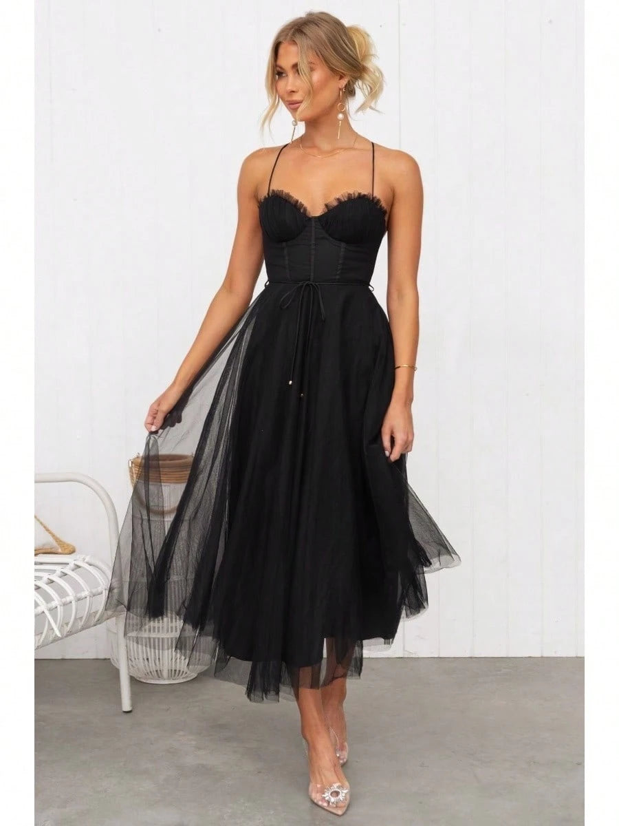 KZKZWK Cami Tulle Midi Dress With Corset Bodice, Sweetheart Neckline, Tie Waist Detail, Flared A-Line Skirt, Bridesmaid & Formal Party Wear