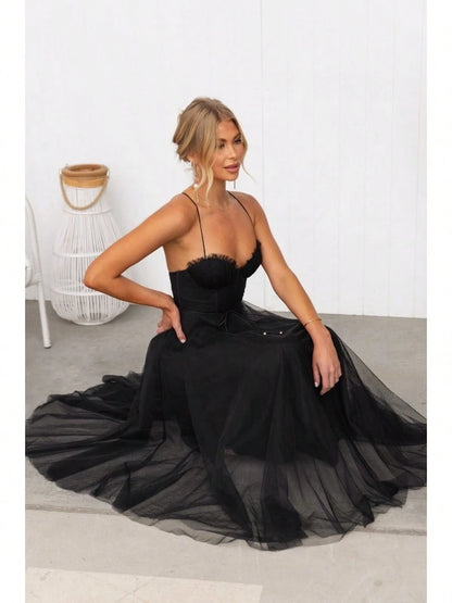 KZKZWK Cami Tulle Midi Dress With Corset Bodice, Sweetheart Neckline, Tie Waist Detail, Flared A-Line Skirt, Bridesmaid & Formal Party Wear