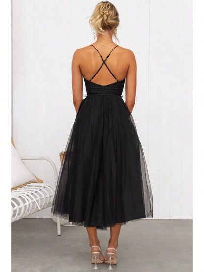 KZKZWK Cami Tulle Midi Dress With Corset Bodice, Sweetheart Neckline, Tie Waist Detail, Flared A-Line Skirt, Bridesmaid & Formal Party Wear