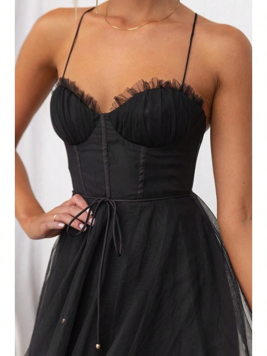KZKZWK Cami Tulle Midi Dress With Corset Bodice, Sweetheart Neckline, Tie Waist Detail, Flared A-Line Skirt, Bridesmaid & Formal Party Wear
