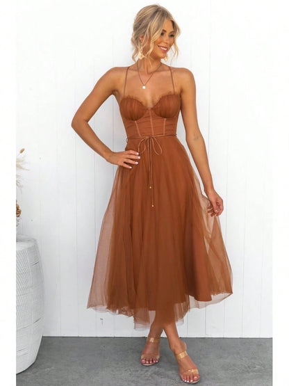 KZKZWK Cami Tulle Midi Dress With Corset Bodice, Sweetheart Neckline, Tie Waist Detail, Flared A-Line Skirt, Bridesmaid & Formal Party Wear