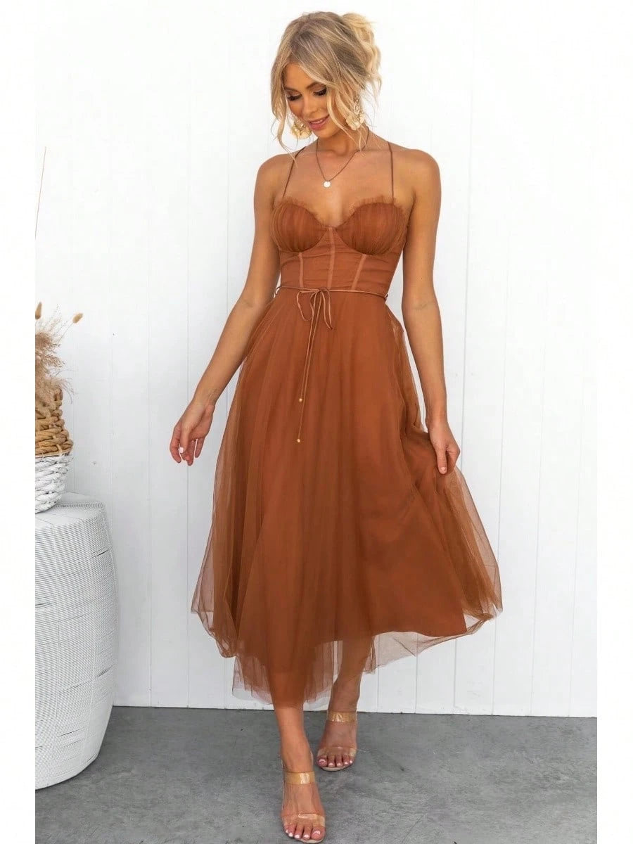 KZKZWK Cami Tulle Midi Dress With Corset Bodice, Sweetheart Neckline, Tie Waist Detail, Flared A-Line Skirt, Bridesmaid & Formal Party Wear
