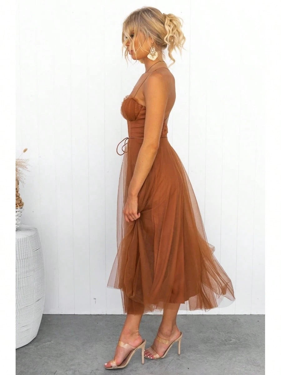 KZKZWK Cami Tulle Midi Dress With Corset Bodice, Sweetheart Neckline, Tie Waist Detail, Flared A-Line Skirt, Bridesmaid & Formal Party Wear