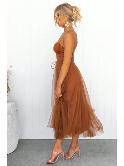 KZKZWK Cami Tulle Midi Dress With Corset Bodice, Sweetheart Neckline, Tie Waist Detail, Flared A-Line Skirt, Bridesmaid & Formal Party Wear