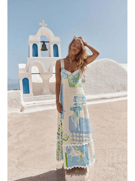 KZKZWK Greek Art Print Maxi Dress, Spaghetti Strap With Scallop Trim, Boho Vacation Sundress