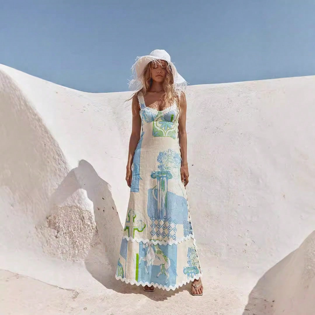 KZKZWK Greek Art Print Maxi Dress, Spaghetti Strap With Scallop Trim, Boho Vacation Sundress