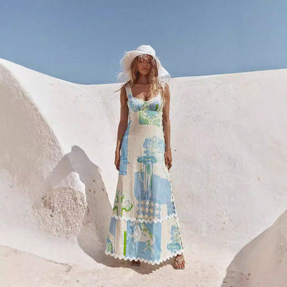KZKZWK Greek Art Print Maxi Dress, Spaghetti Strap With Scallop Trim, Boho Vacation Sundress