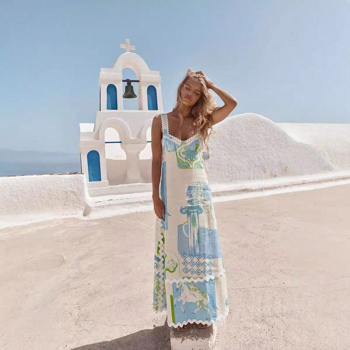 KZKZWK Greek Art Print Maxi Dress, Spaghetti Strap With Scallop Trim, Boho Vacation Sundress