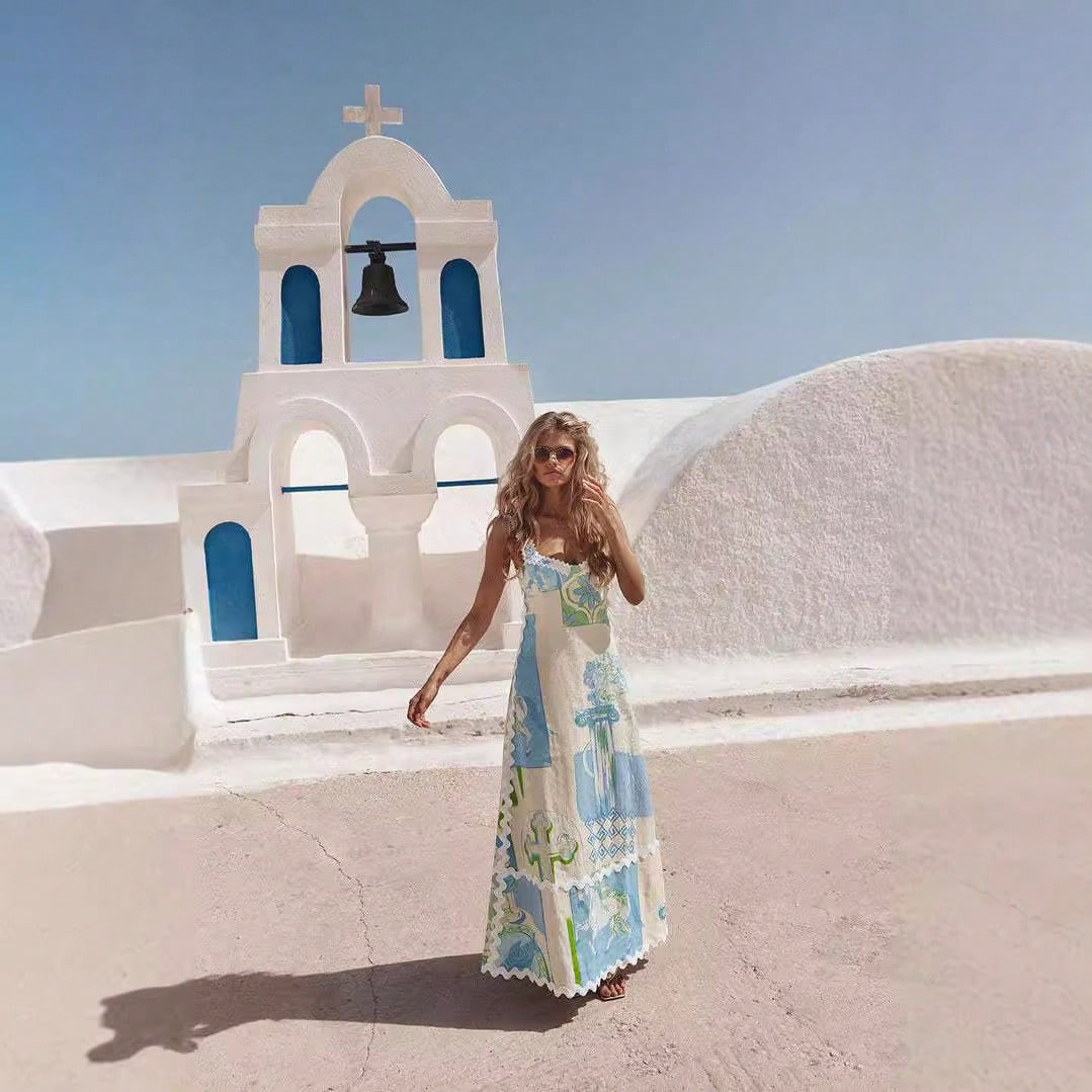 KZKZWK Greek Art Print Maxi Dress, Spaghetti Strap With Scallop Trim, Boho Vacation Sundress