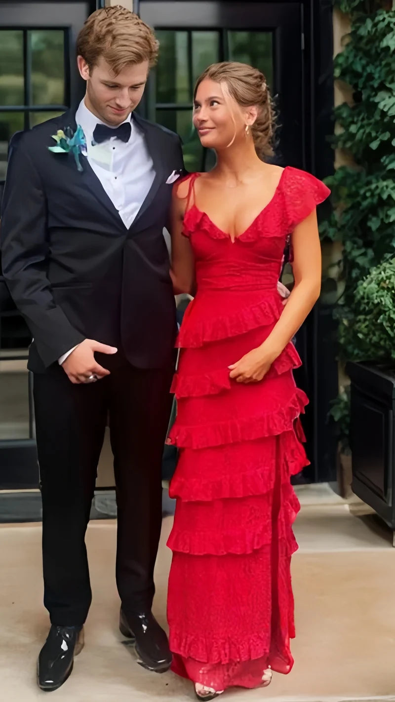 Lace Red Long Prom Dresses Evening Dress With Slit,AST2073