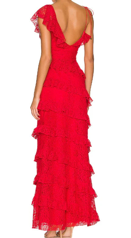 Lace Red Long Prom Dresses Evening Dress With Slit,AST2073