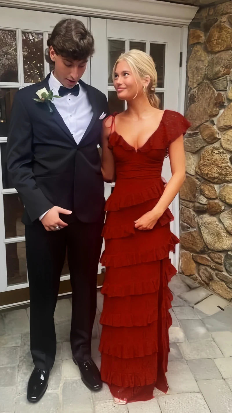 Lace Red Long Prom Dresses Evening Dress With Slit,AST2073
