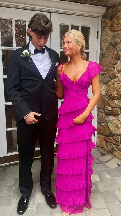 Lace Red Long Prom Dresses Evening Dress With Slit,AST2073