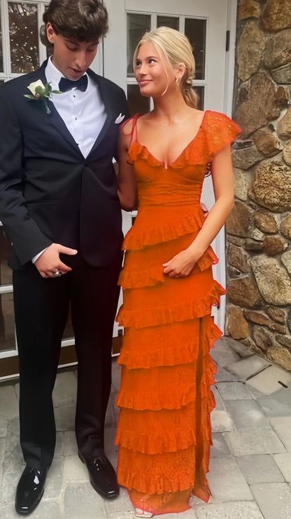 Lace Red Long Prom Dresses Evening Dress With Slit,AST2073