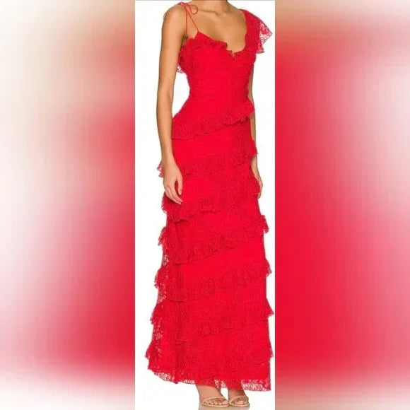 Lace Red Long Prom Dresses Evening Dress With Slit,AST2073