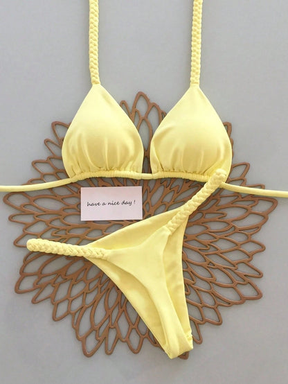 Ladies' Yellow Braided Strap Halter Bikini 2026 Spring Summer, Sexy Triangle Two Pieces Swimwear Set Ideal For Beach Summer Vacation