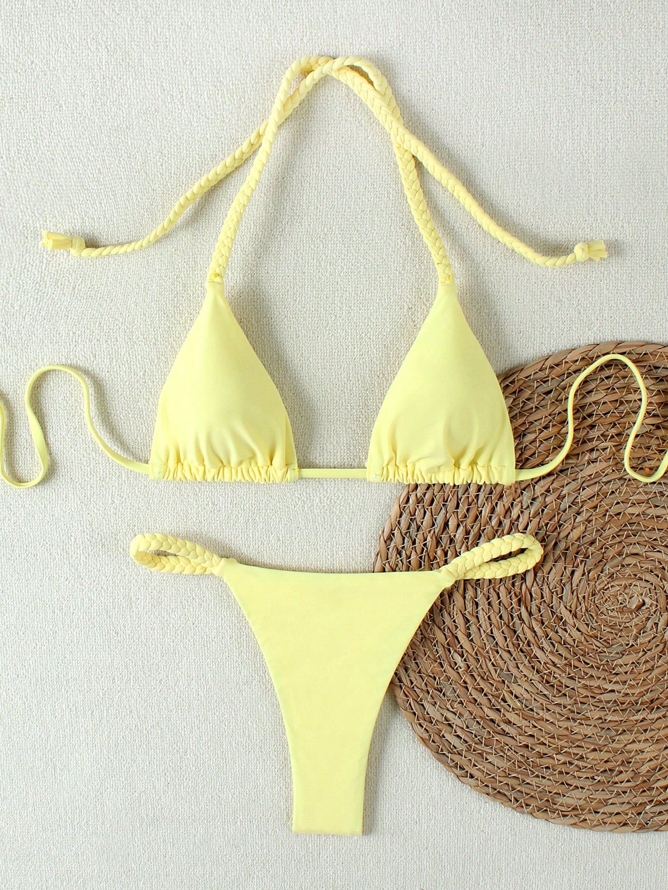 Ladies' Yellow Braided Strap Halter Bikini 2026 Spring Summer, Sexy Triangle Two Pieces Swimwear Set Ideal For Beach Summer Vacation