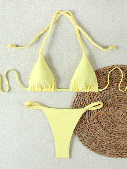 Ladies' Yellow Braided Strap Halter Bikini 2026 Spring Summer, Sexy Triangle Two Pieces Swimwear Set Ideal For Beach Summer Vacation