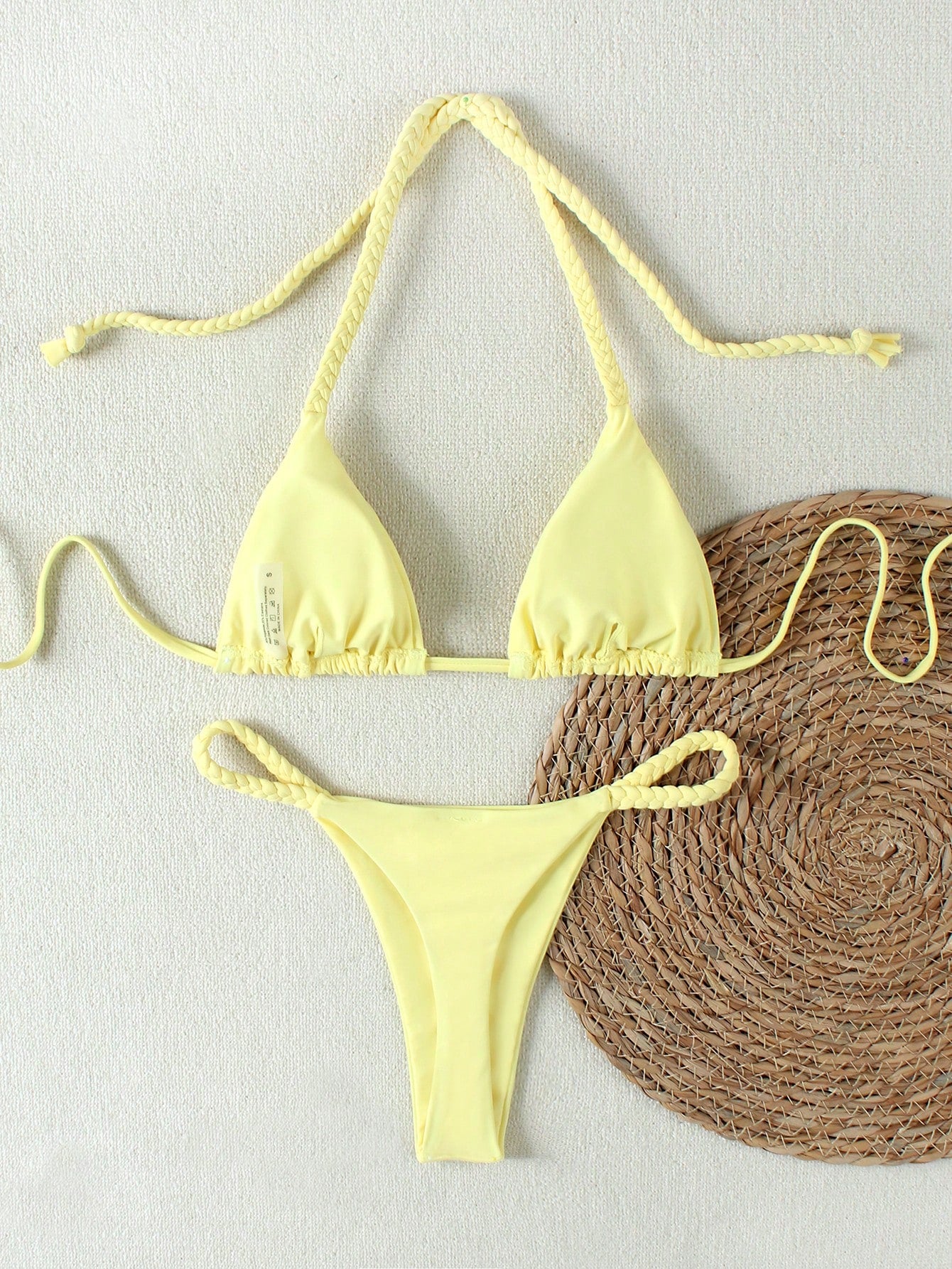 Ladies' Yellow Braided Strap Halter Bikini 2026 Spring Summer, Sexy Triangle Two Pieces Swimwear Set Ideal For Beach Summer Vacation