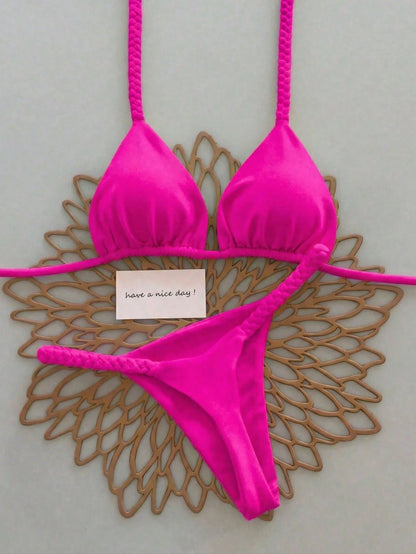 Ladies' Yellow Braided Strap Halter Bikini 2026 Spring Summer, Sexy Triangle Two Pieces Swimwear Set Ideal For Beach Summer Vacation