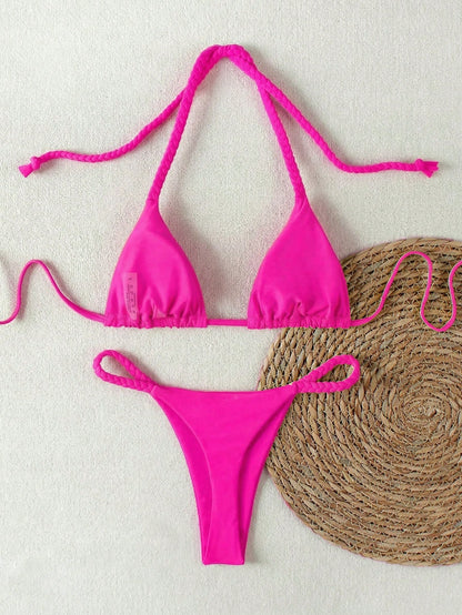 Ladies' Yellow Braided Strap Halter Bikini 2026 Spring Summer, Sexy Triangle Two Pieces Swimwear Set Ideal For Beach Summer Vacation