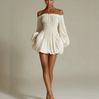 Ladies, Solid Color Elegant Pleated Skirt Off-Shoulder Neckline And Ruched Waist Slim Fit Dress [ZLLZ]