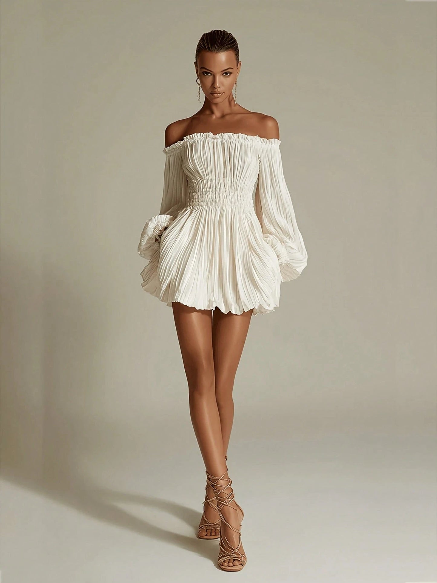 Ladies, Solid Color Elegant Pleated Skirt Off-Shoulder Neckline And Ruched Waist Slim Fit Dress [ZLLZ]