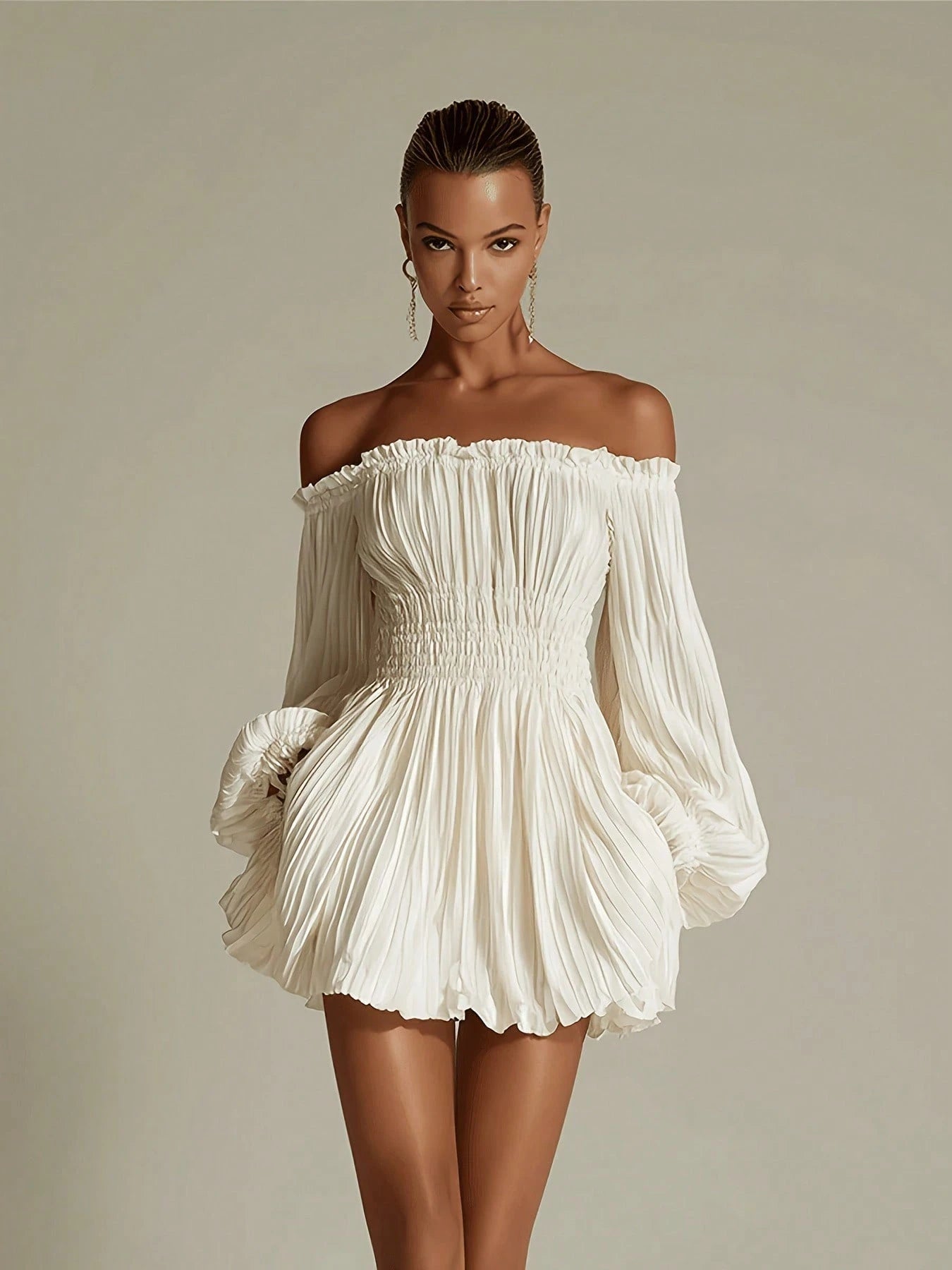 Ladies, Solid Color Elegant Pleated Skirt Off-Shoulder Neckline And Ruched Waist Slim Fit Dress [ZLLZ]