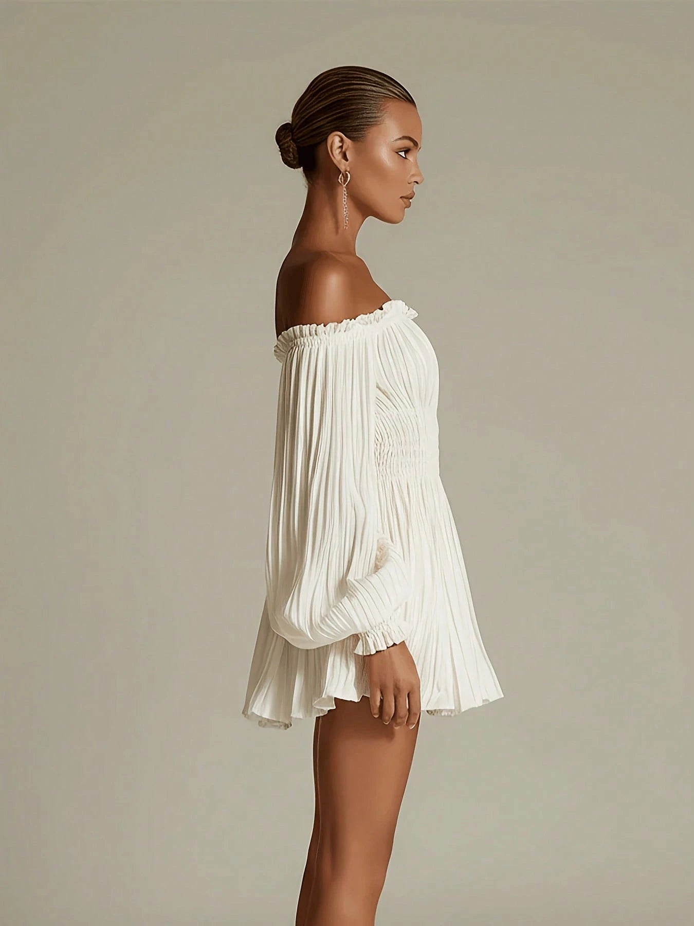 Ladies, Solid Color Elegant Pleated Skirt Off-Shoulder Neckline And Ruched Waist Slim Fit Dress [ZLLZ]