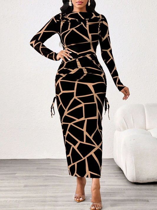Lady 2025 New Contrast Color Leopard Print Women's Dress,Slim Fit Long Sleeve Boat Collar Black&Khaki Elegant Chic Night Out Autumn Blackness Fall Dresses
